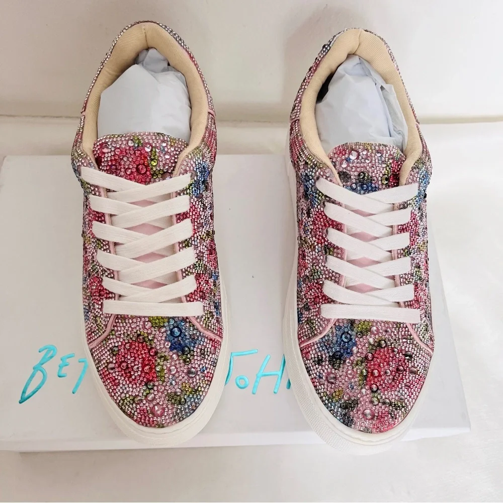 Betsey Johnson Sidny rhinestone floral Pink and Silver Sneakers 6.5 - Picture 2 of 10